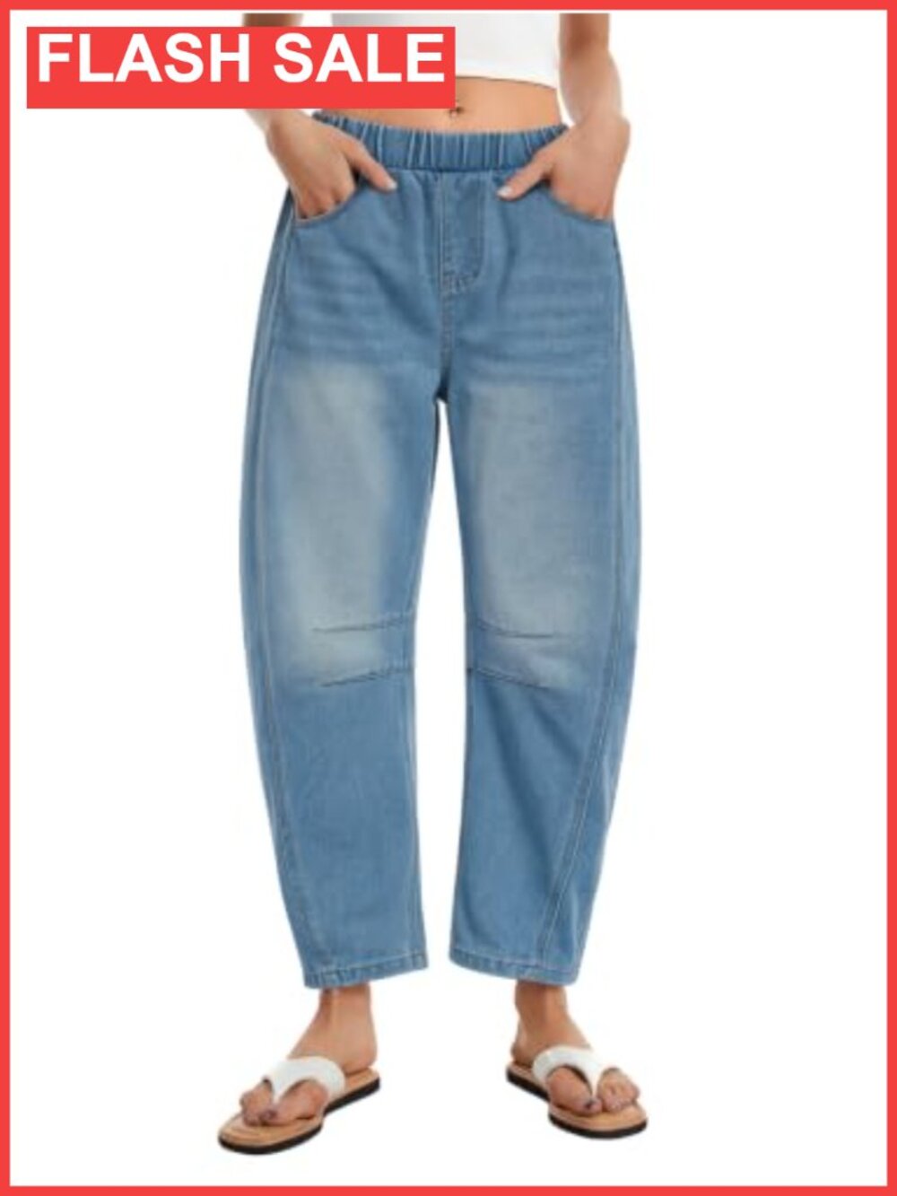Barrel Denim Jeans Baggy Wide Leg Elastic Waist Stretch Pull On Ankle